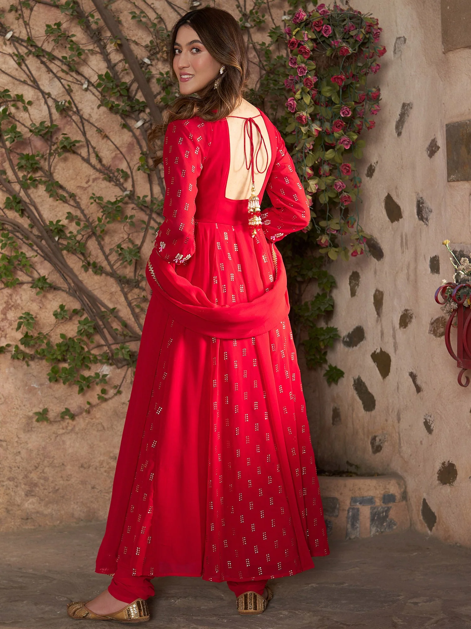 RED MUKAISH ANARKALI SET - Image 4