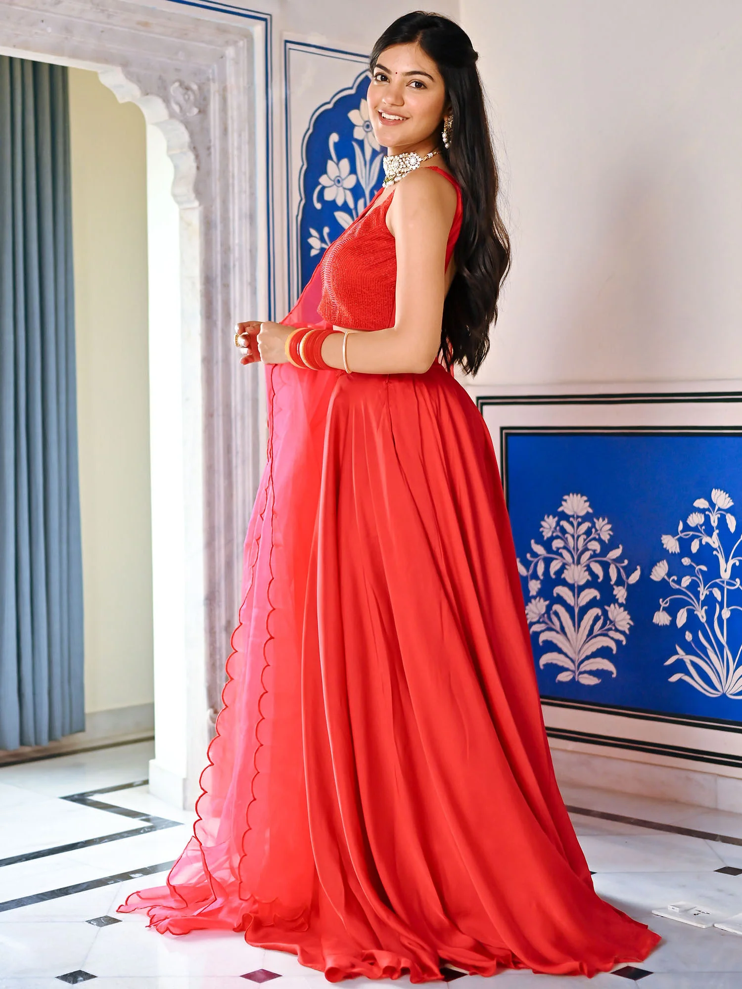 Red Handwork Blouse Lehenga Set - Image 8