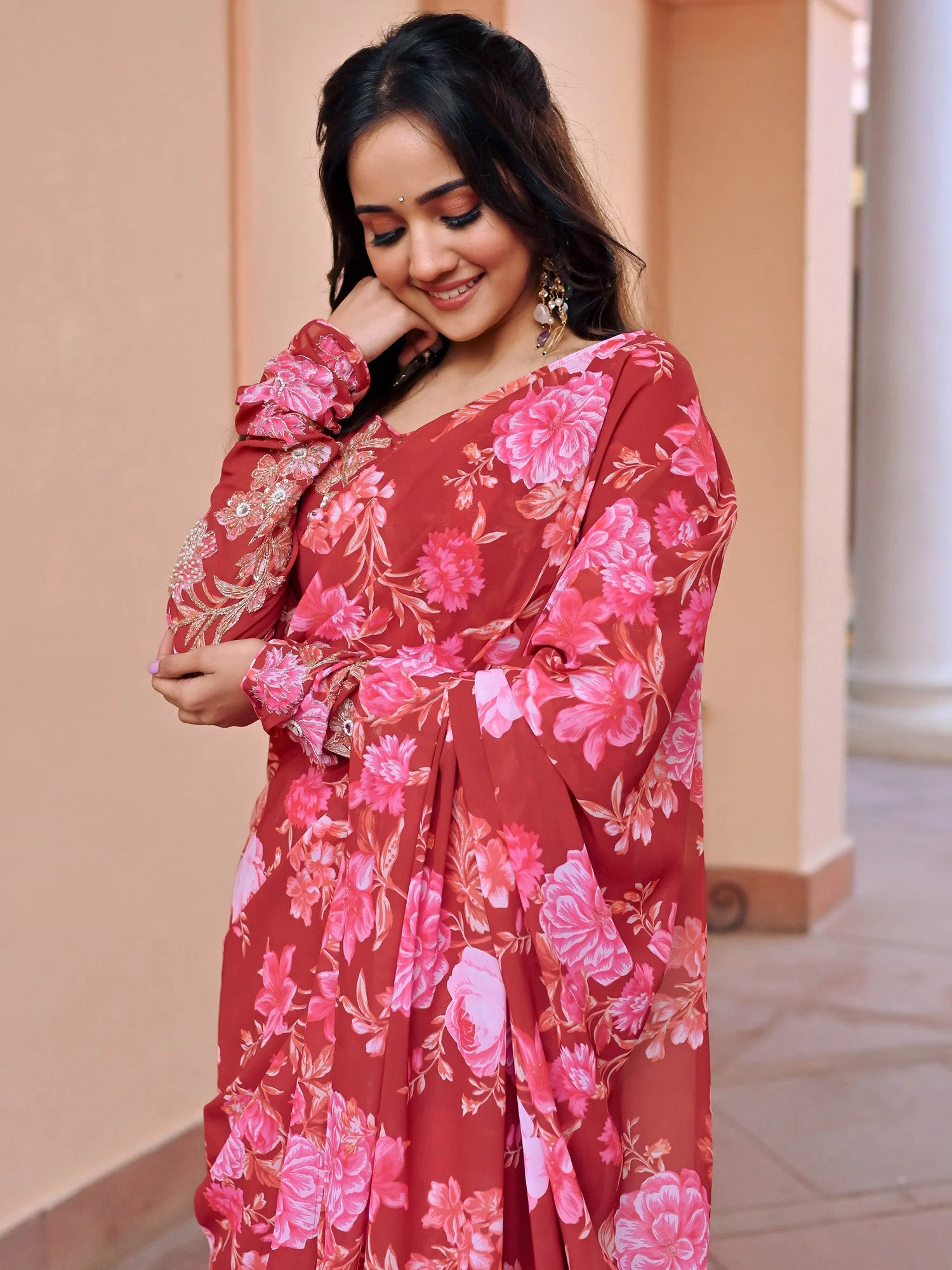 Red Georgette Ready to wear Saree - Image 4