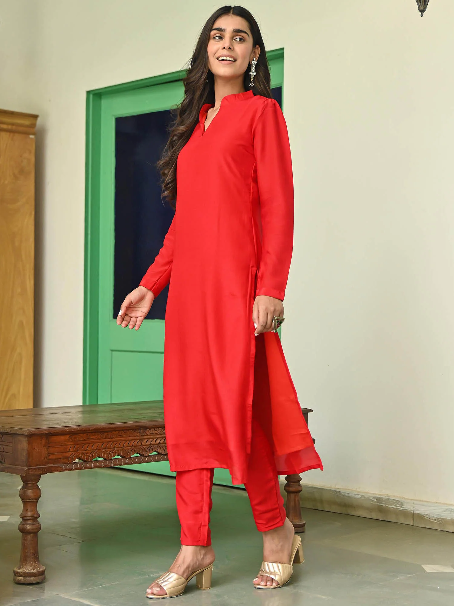 Red Silk Straight Kurta Set - Image 5