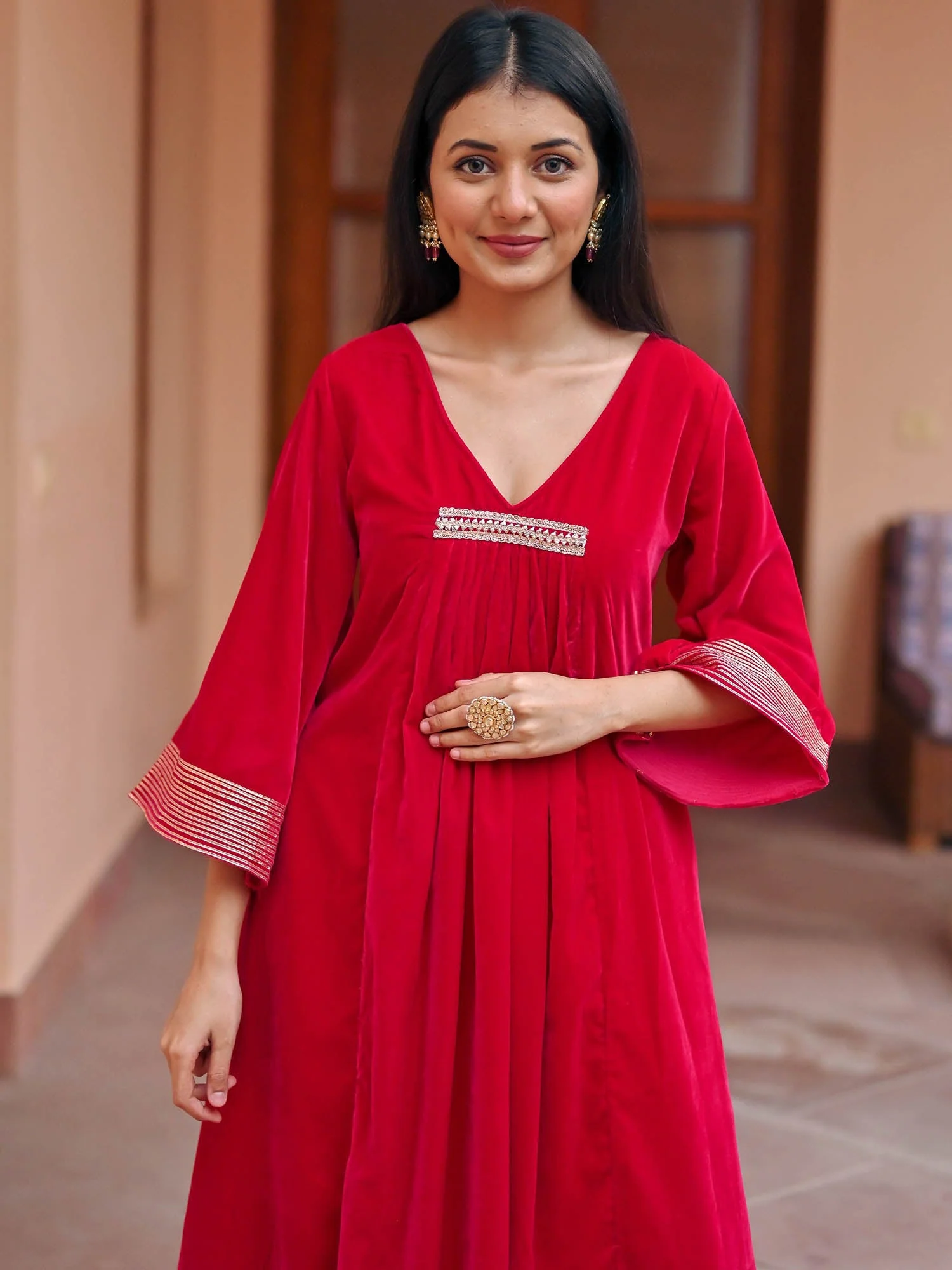 Red Velvet Kurta Set - Image 3