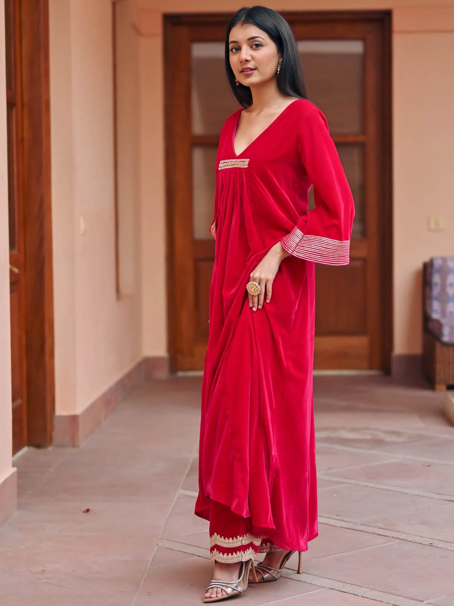 Red Velvet Kurta Set - Image 4