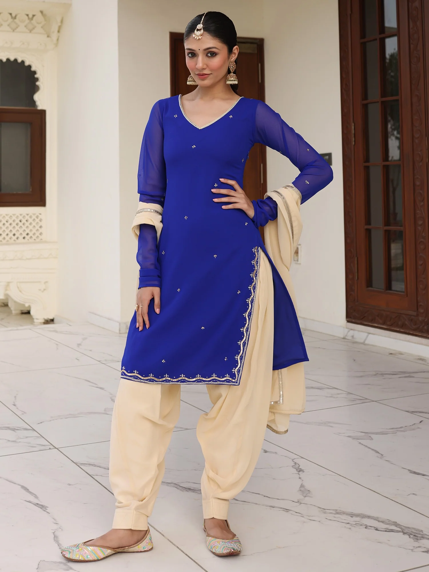 Royal Blue & Beige Contrast Patiala Set - Image 8