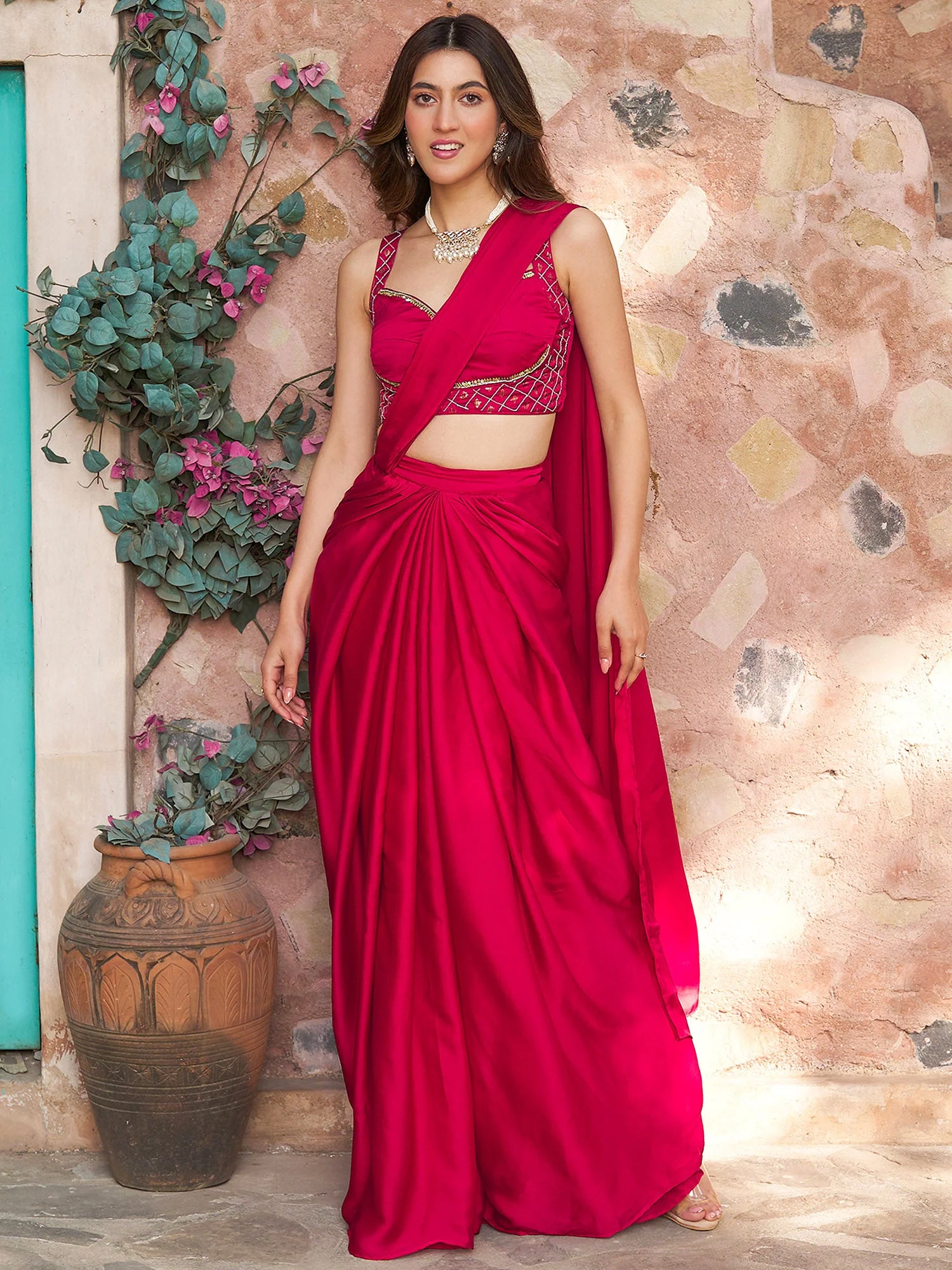 Ruby Pink Draped Saree Set - Image 5