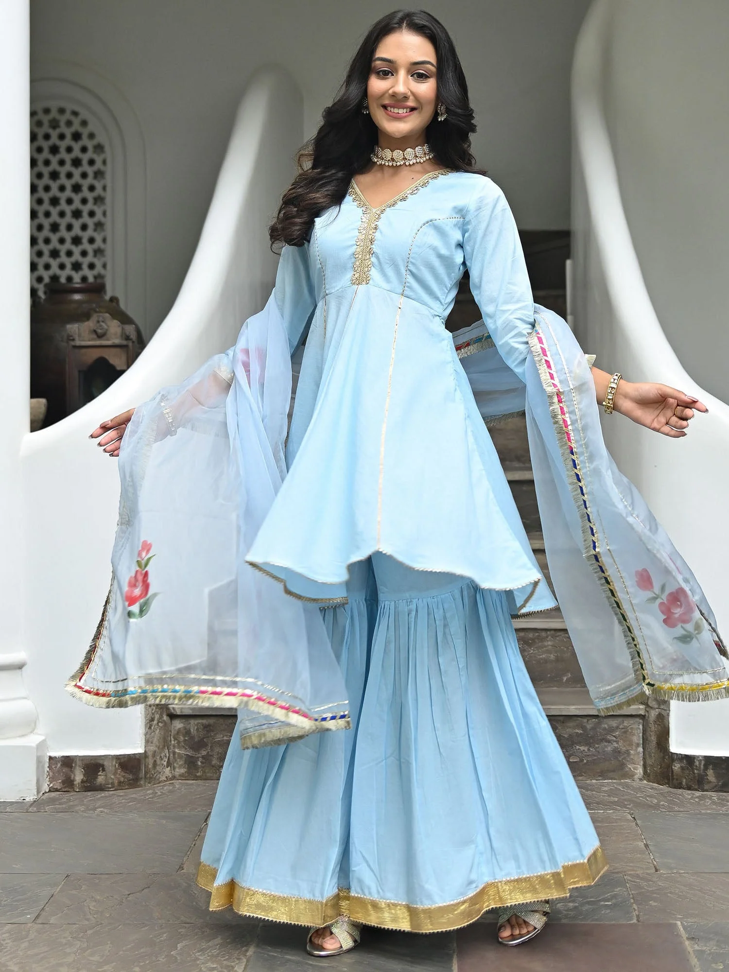 Sky Blue Hand Paint organza set