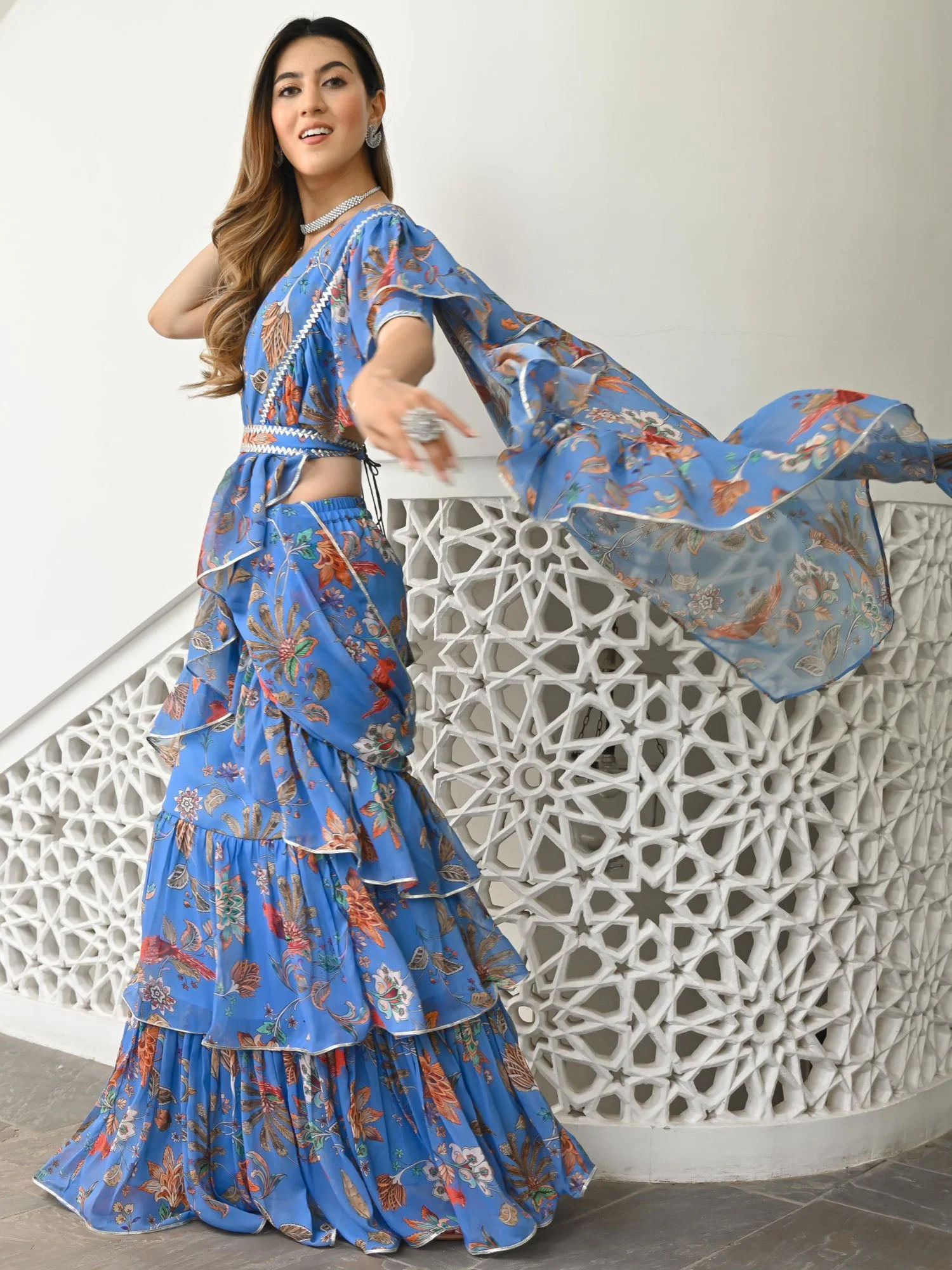 Sky Blue Printed Ruffle Saree - Image 3