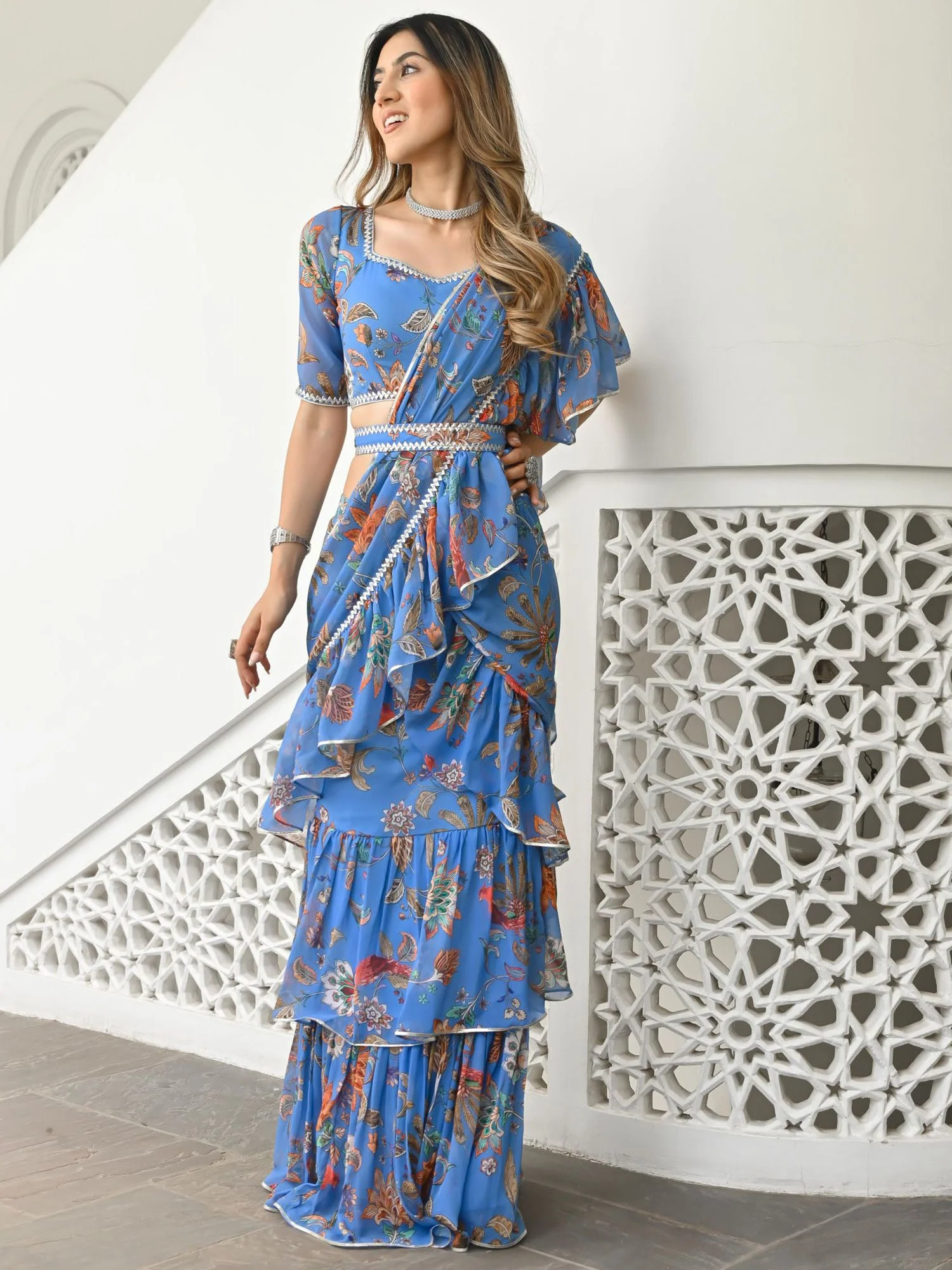 Sky Blue Printed Ruffle Saree - Image 4