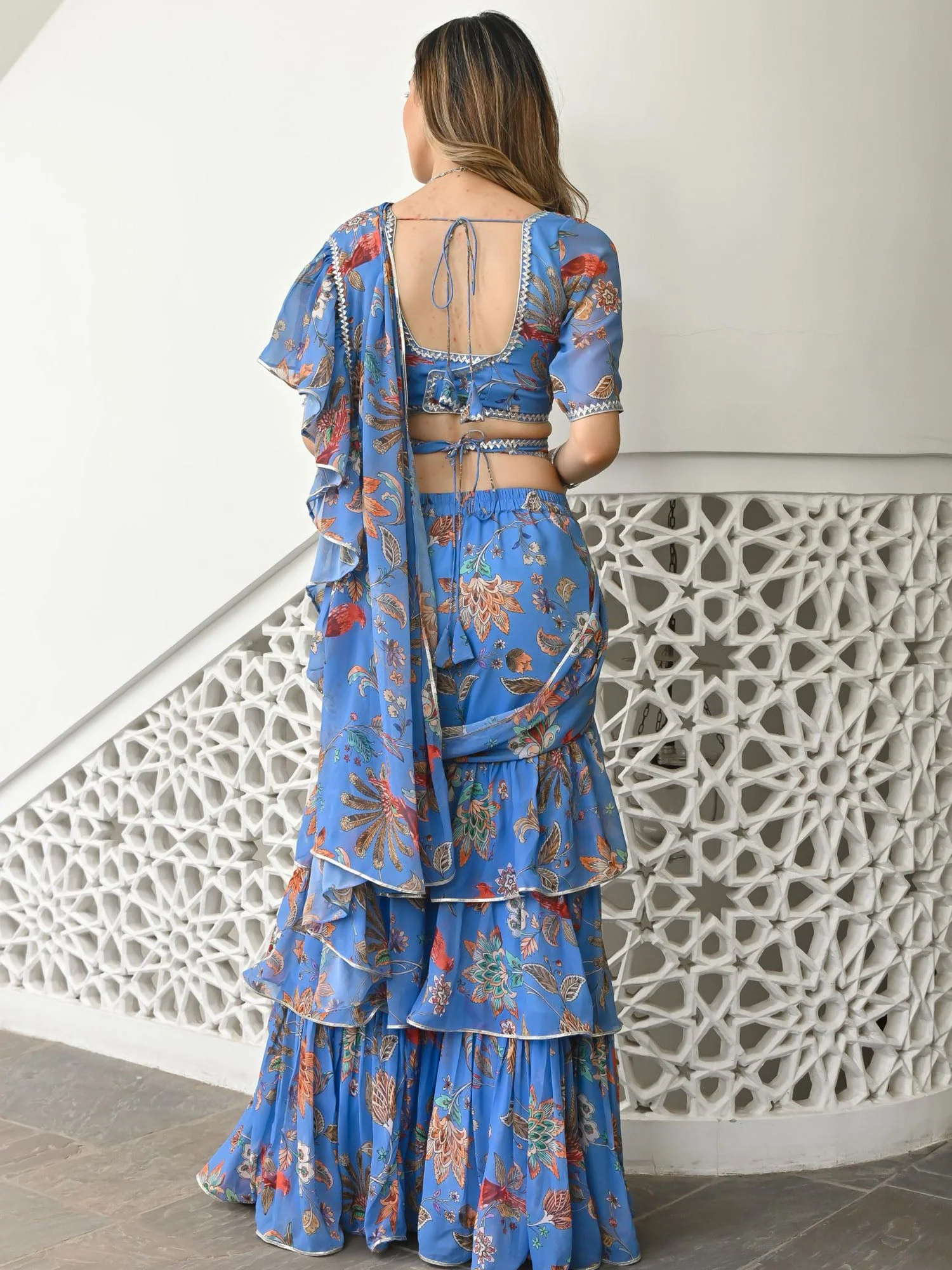 Sky Blue Printed Ruffle Saree - Image 5