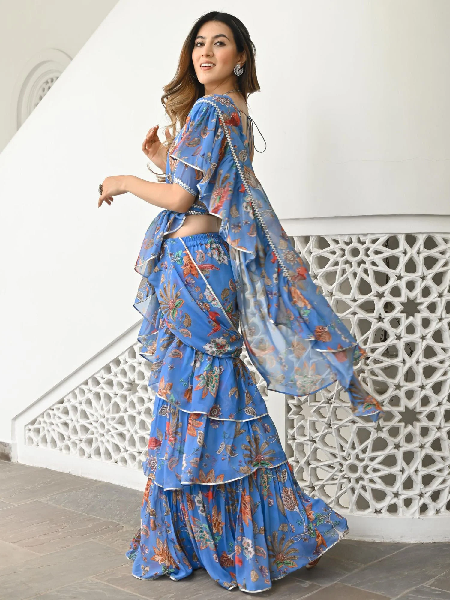 Sky Blue Printed Ruffle Saree - Image 8