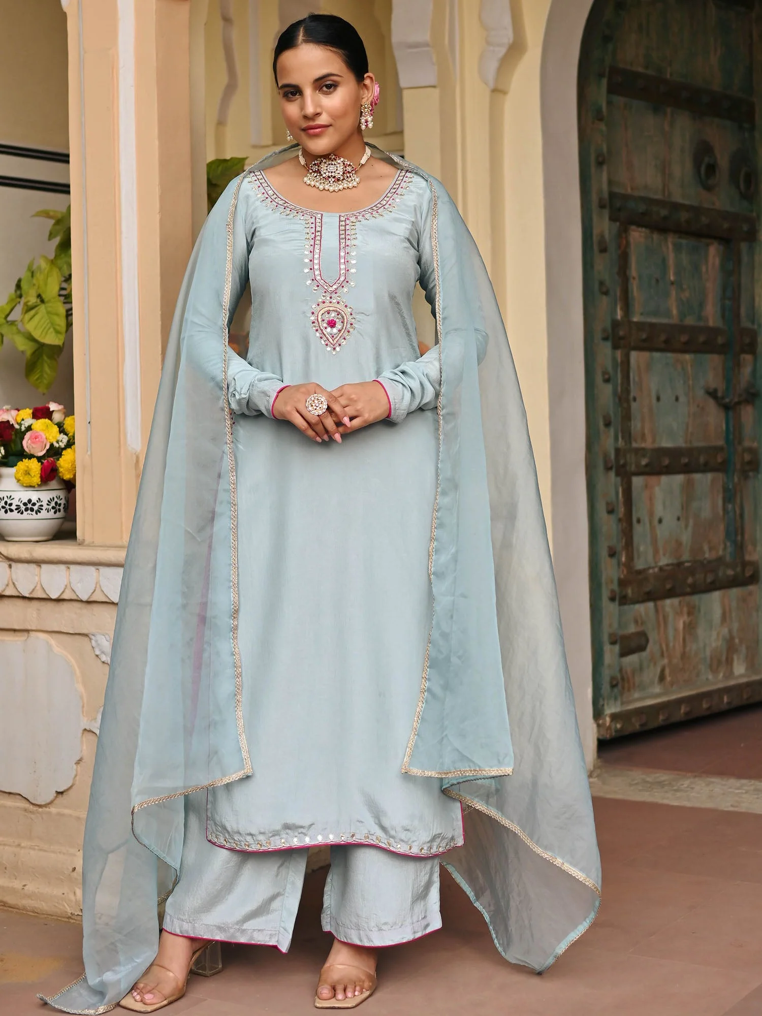 SKY BLUE SILK KURTA AND PALAZZO SET - Image 4