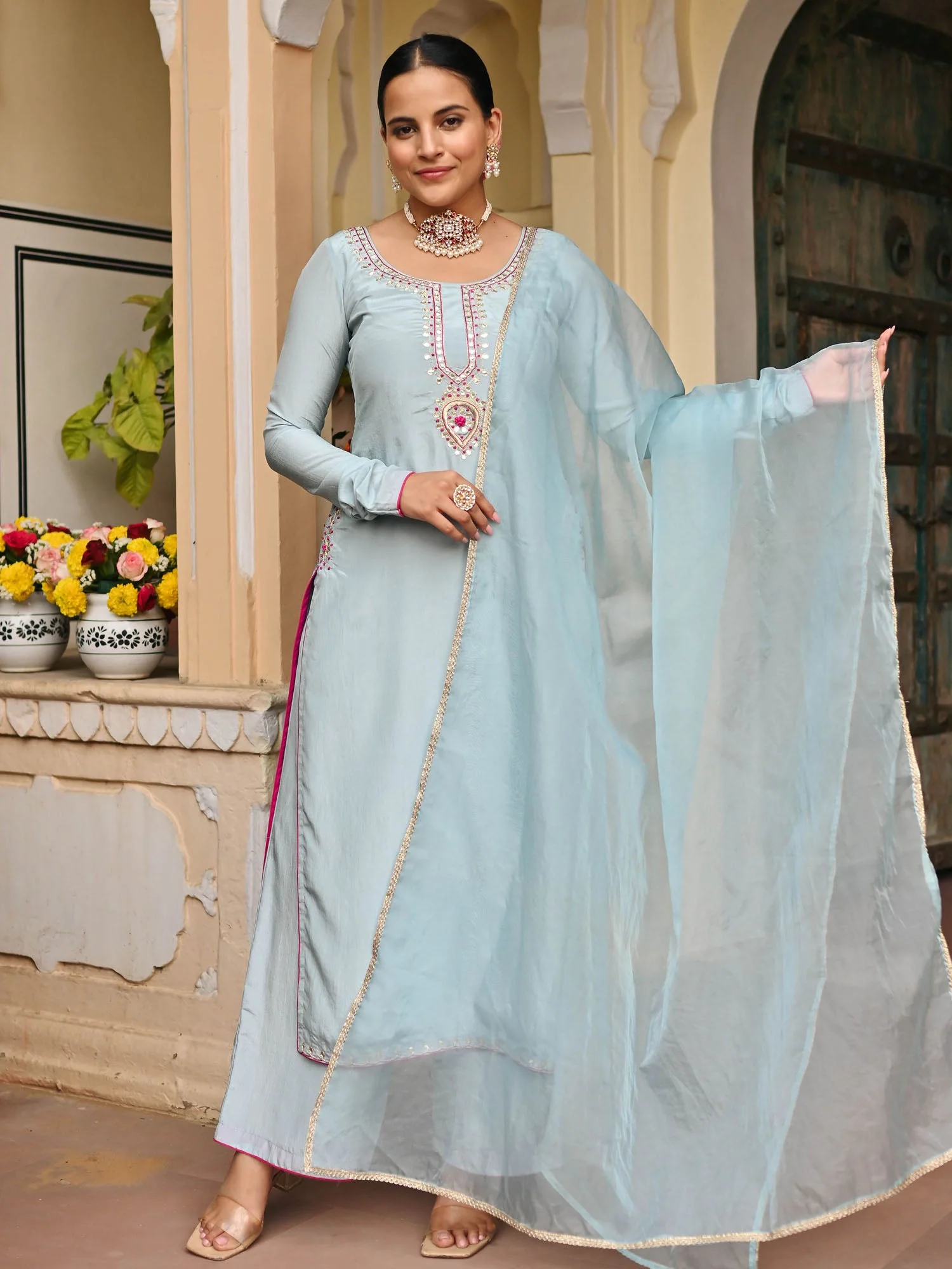 SKY BLUE SILK KURTA AND PALAZZO SET - Image 6