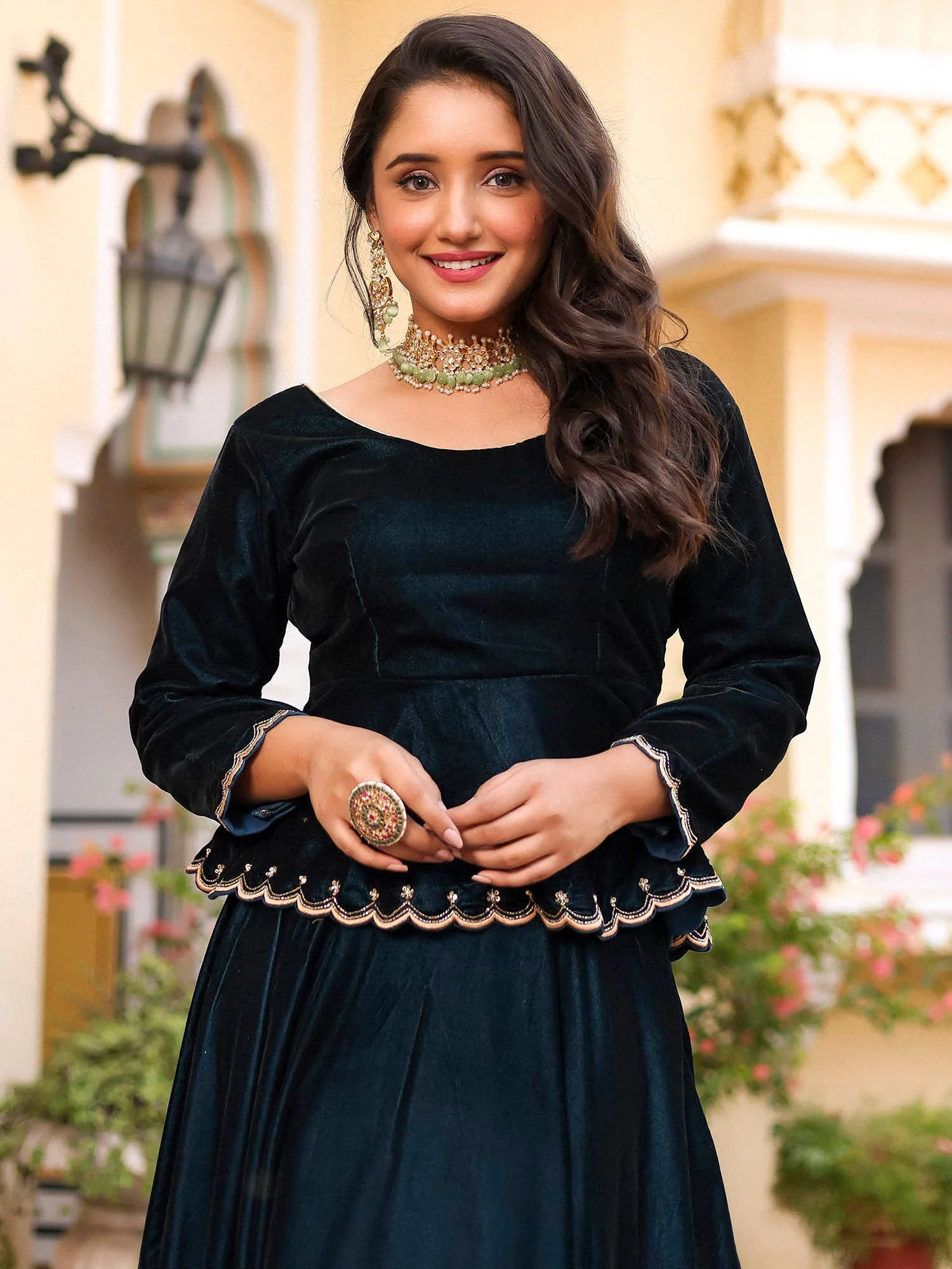 Teal Velvet Peplum Lehenga Set - Image 4