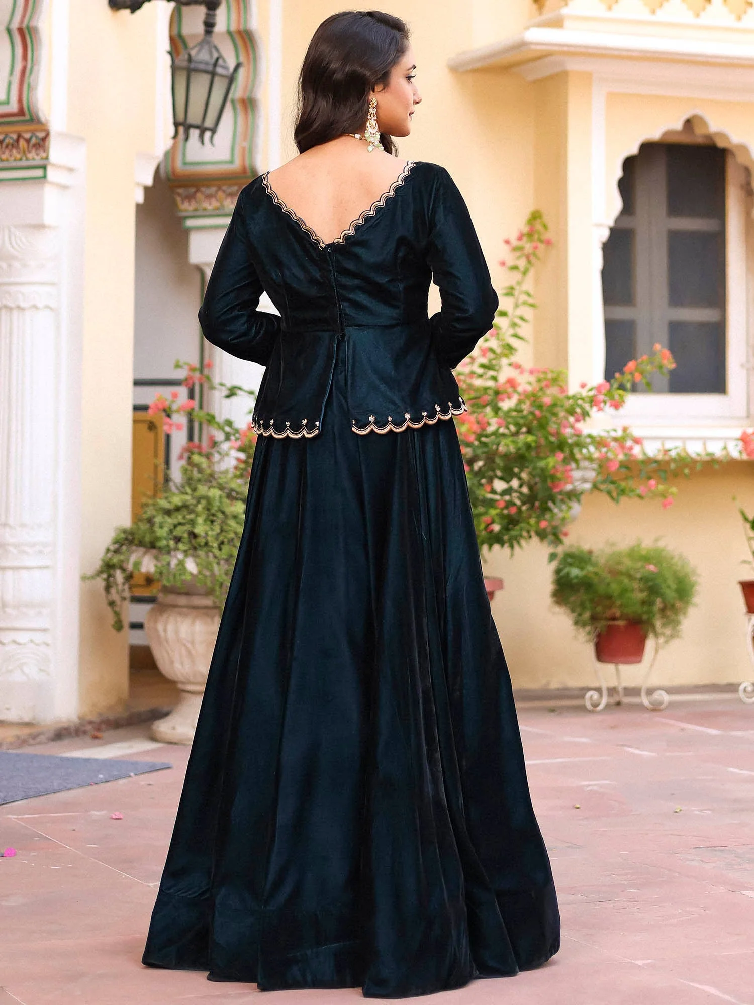 Teal Velvet Peplum Lehenga Set - Image 5