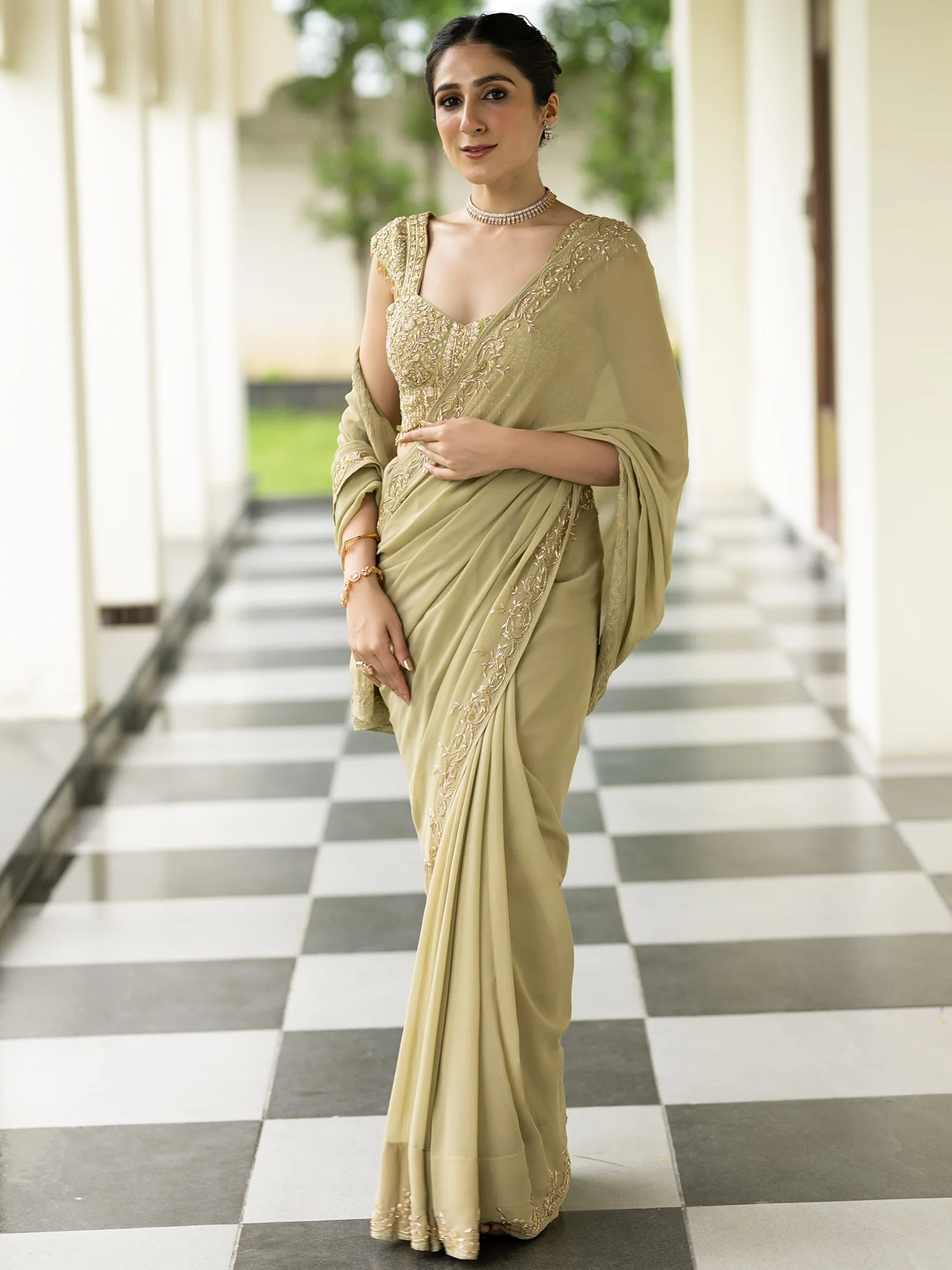 The Dabka Beige Saree - Image 9