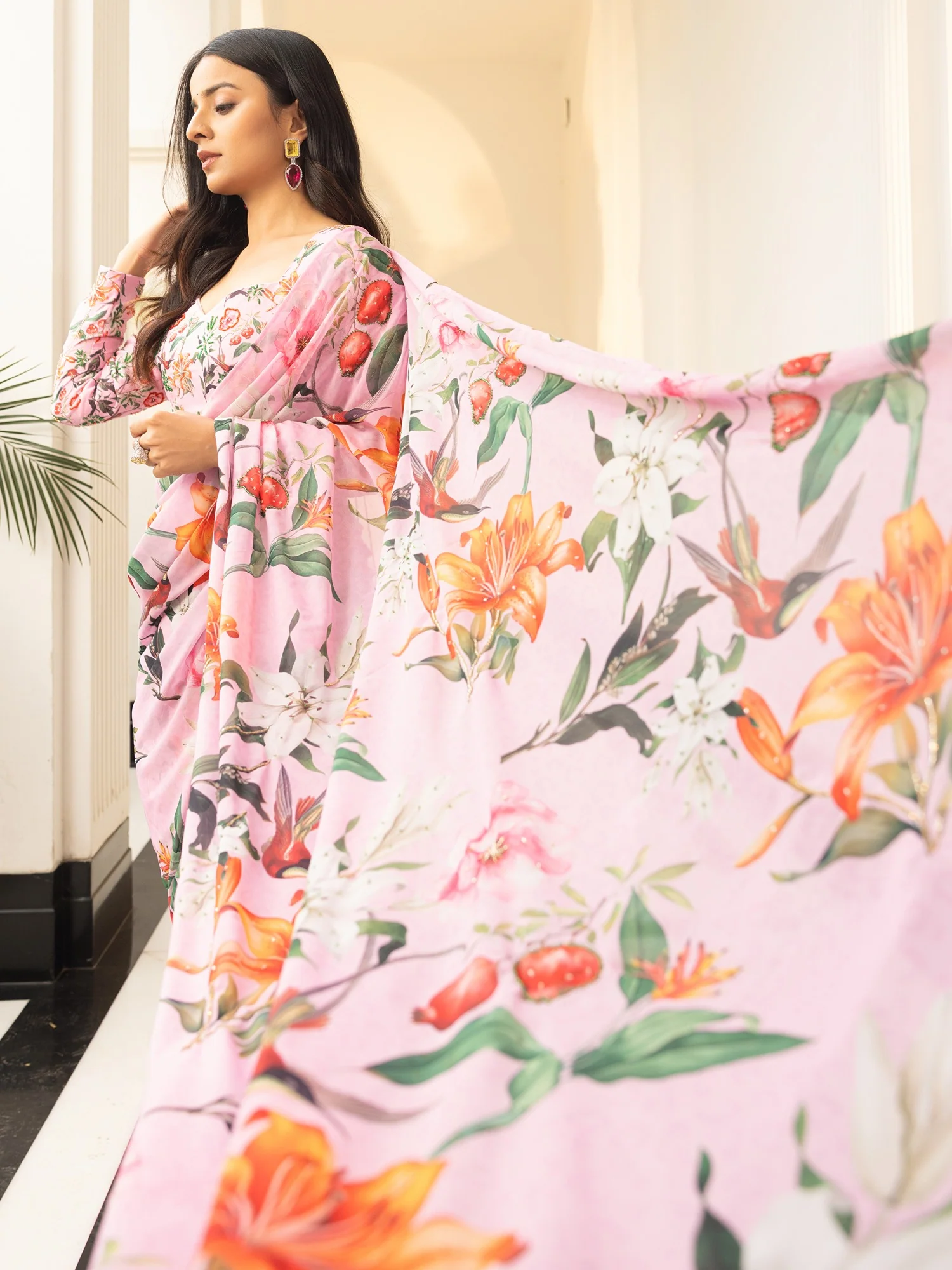 Tropical Radiance Pink Pre drape Saree - Image 7