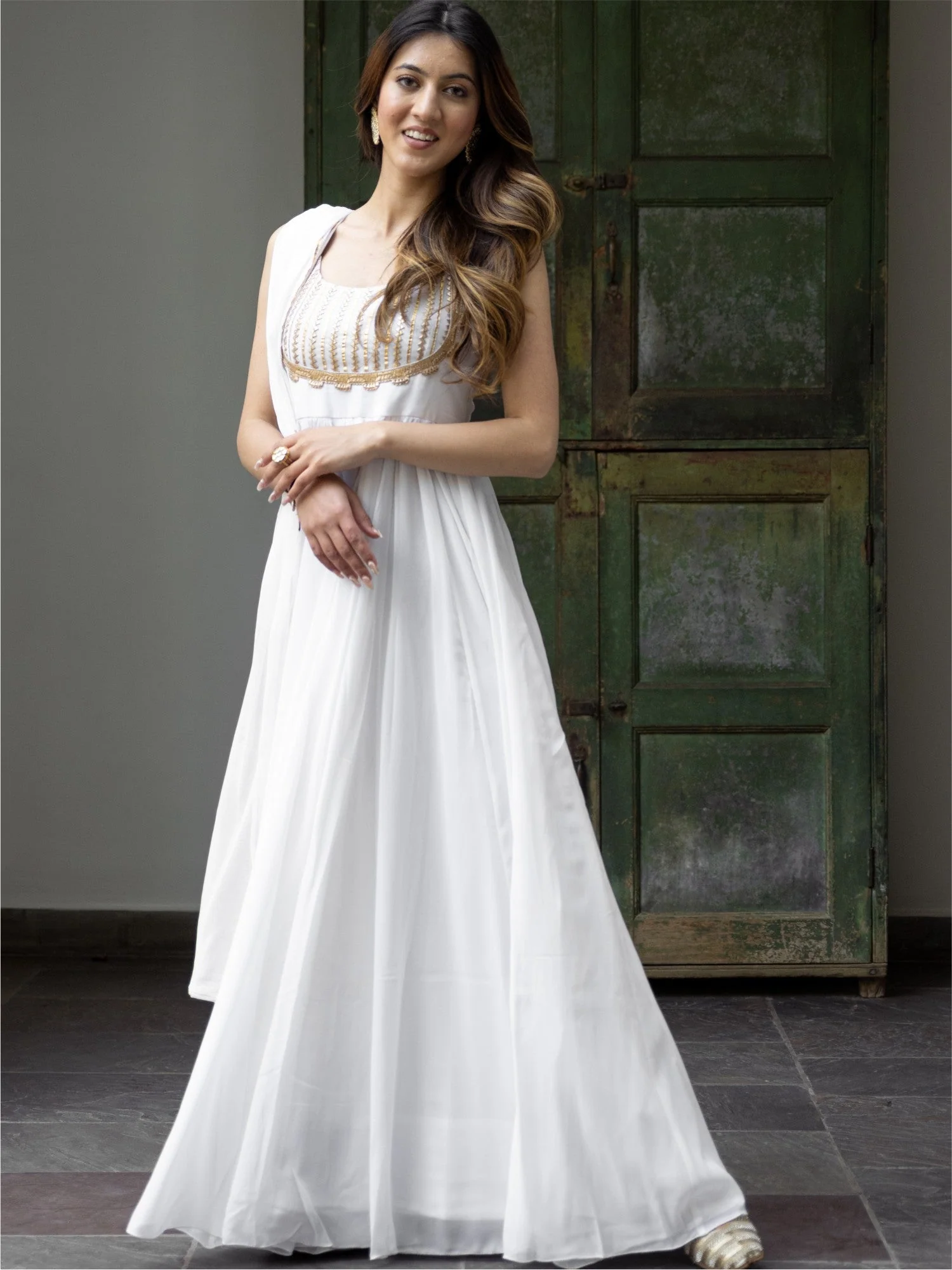 White Georgette Long Dress Set - Image 6