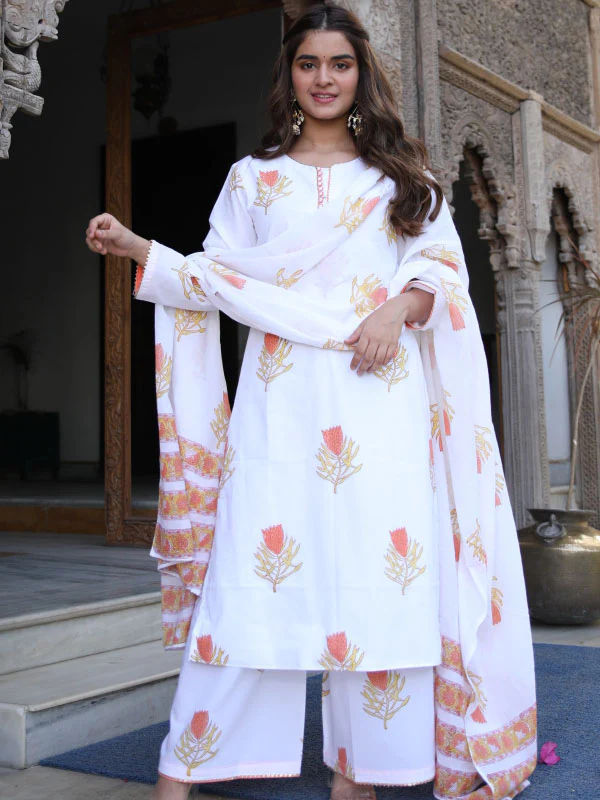 White Sanganeri Block Suit Set - Image 4
