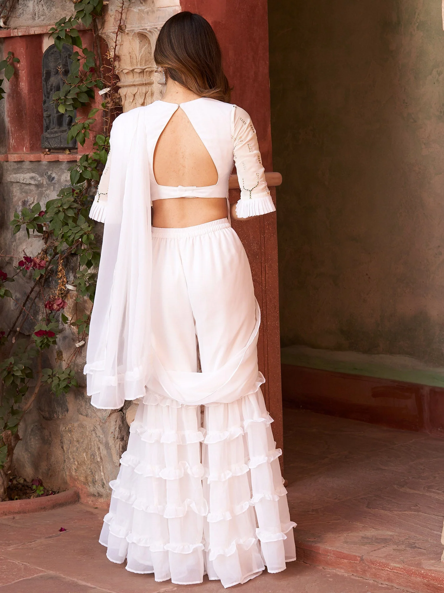 WHITE SHARARA SAREE WITH BLOUSE - Image 5
