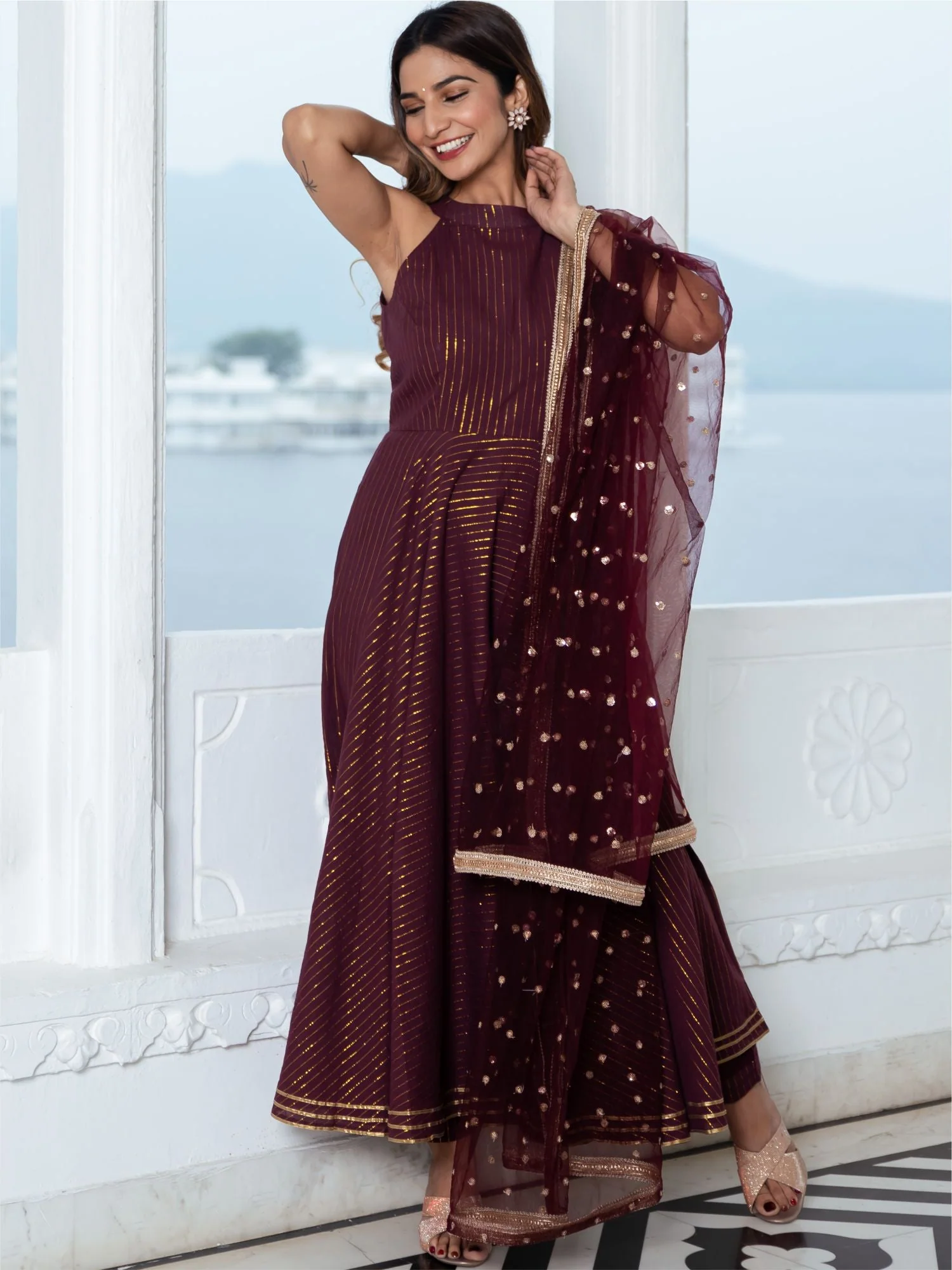 Wine Cotton Lurex Long Kurta and Pant Set - Image 2