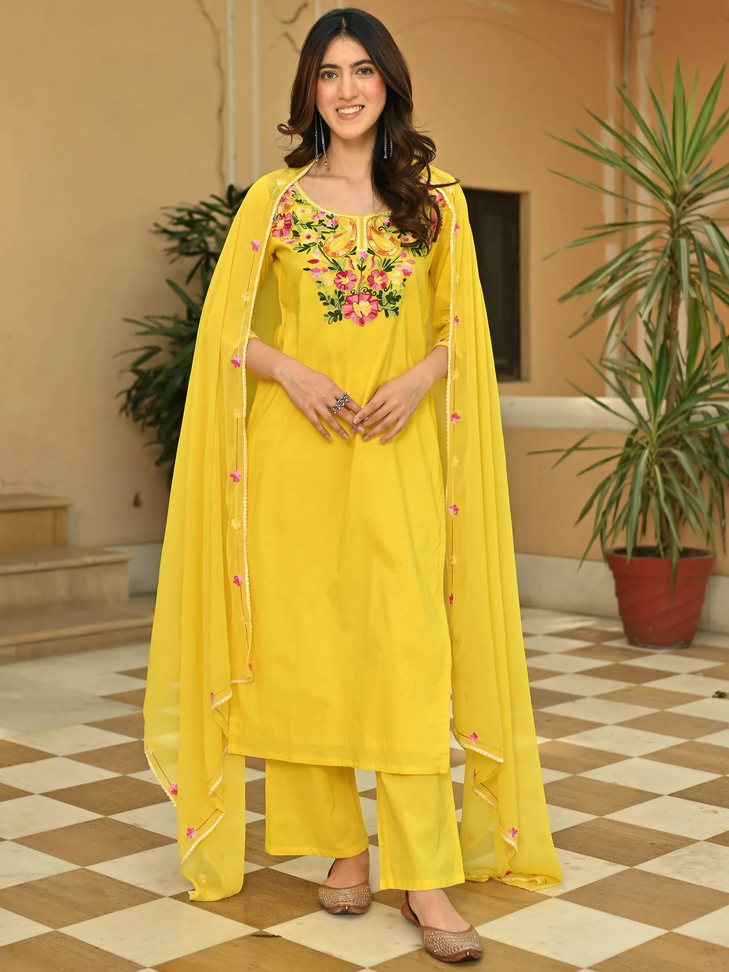 Yellow Cotton Aari Kurta Set - Image 5