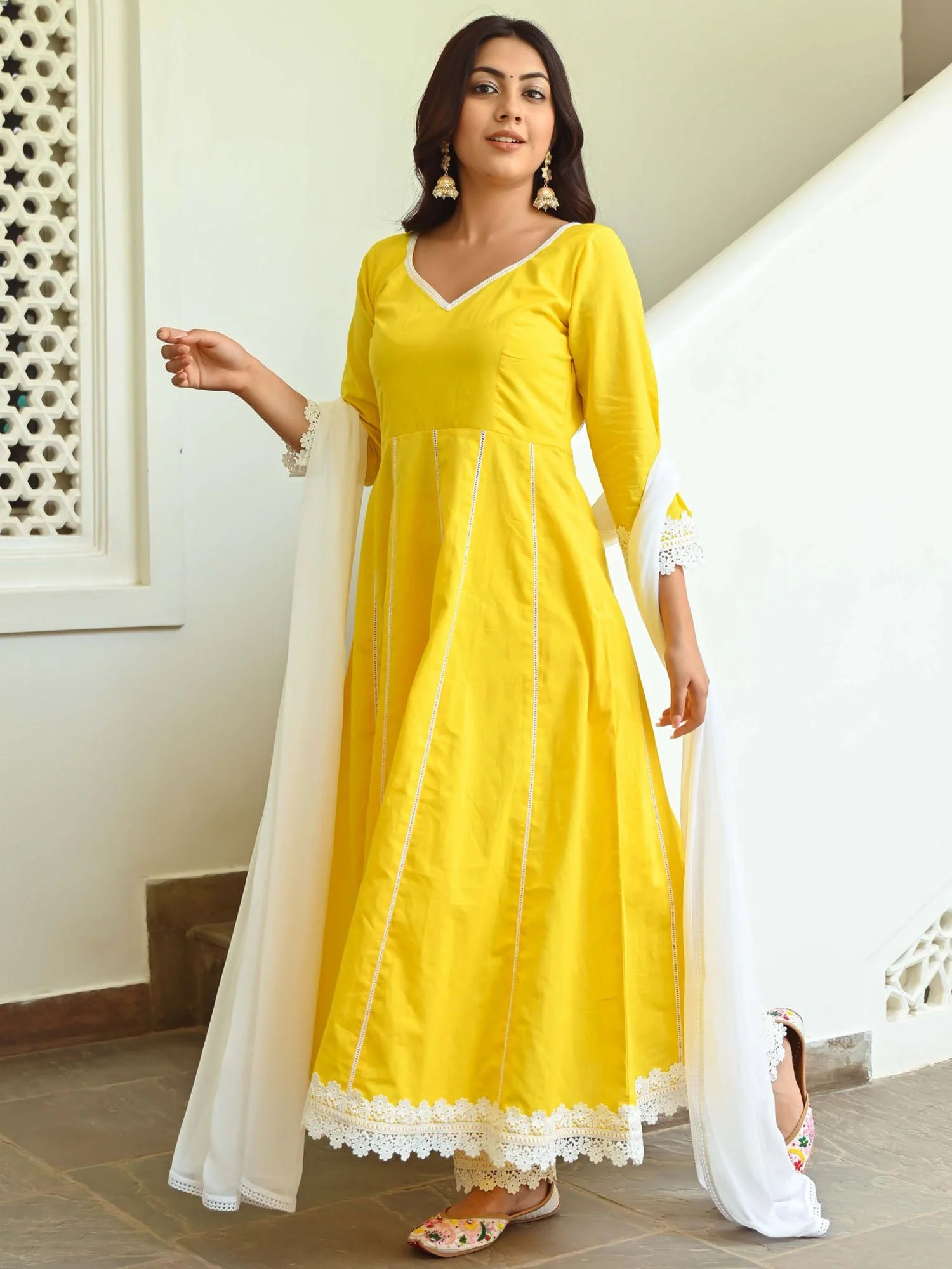 Yellow Cotton Anarkali Set - Image 6