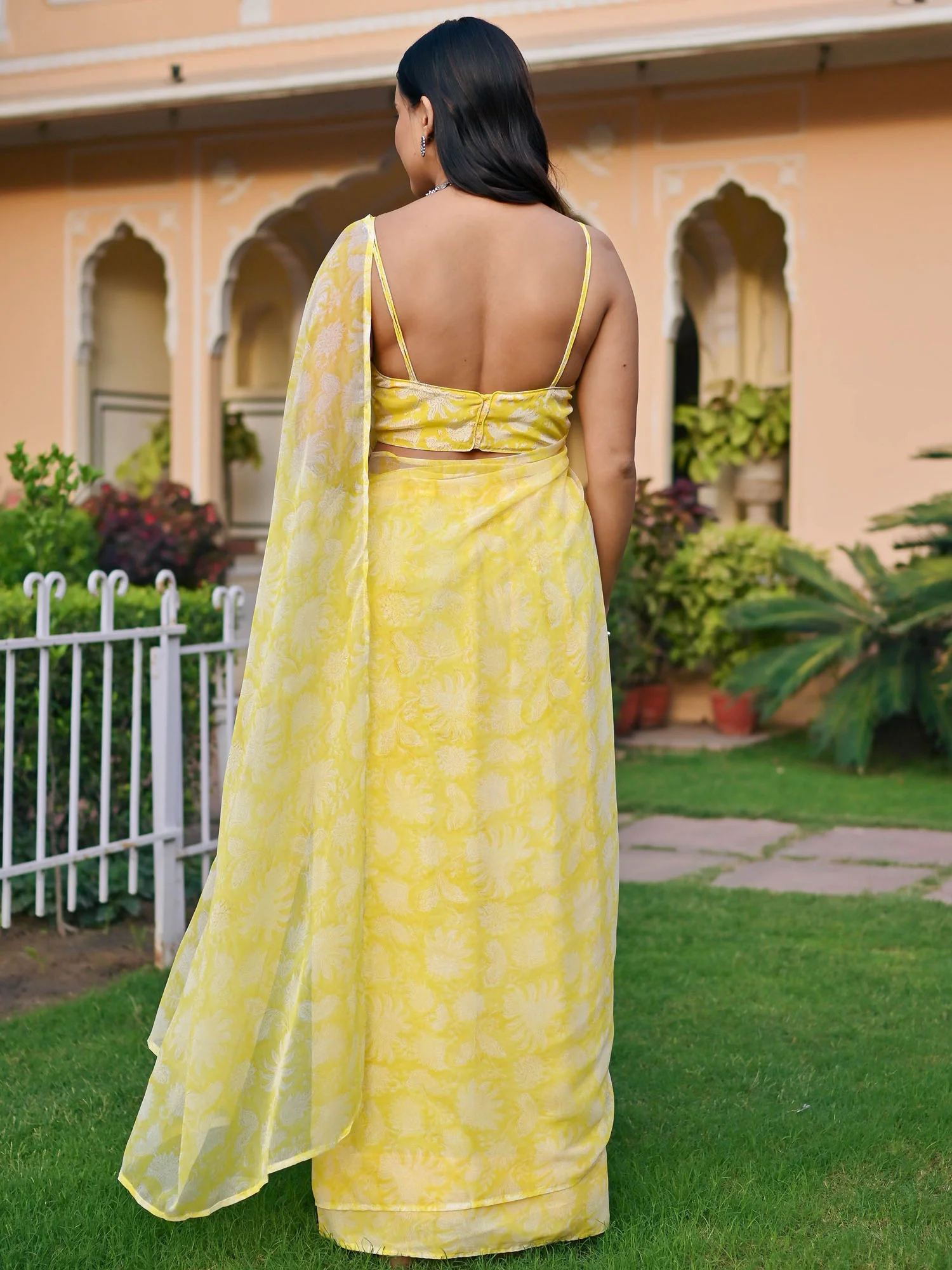 Yellow Handblock Printed Chiffon Saree - Image 8