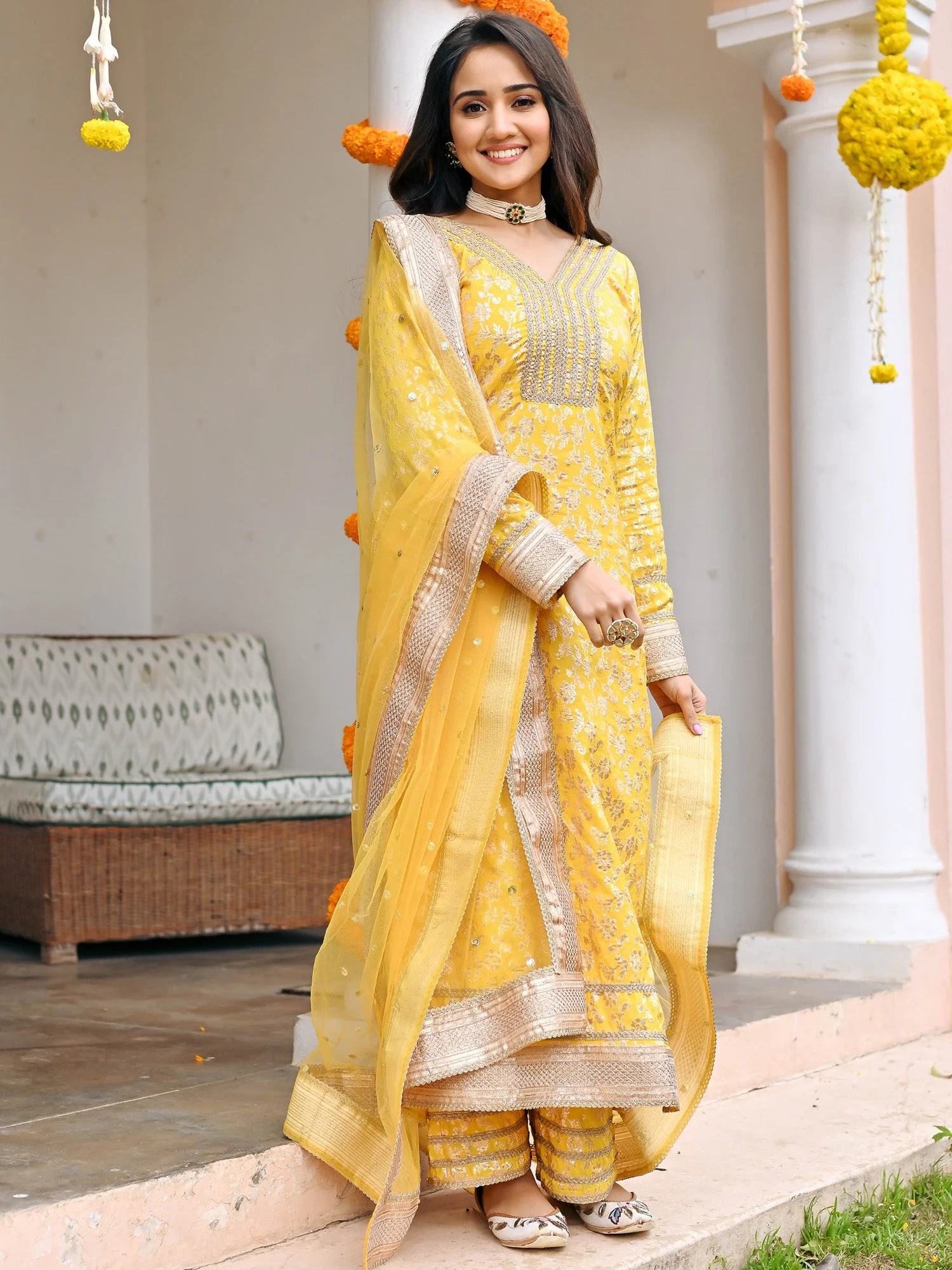 Yellow Jacquard Kurta Set - Image 3