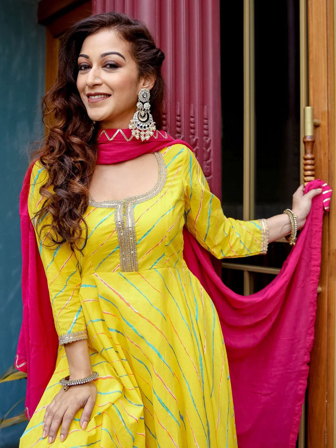 Yellow Leheriya Anarkali Suit Set - Image 2