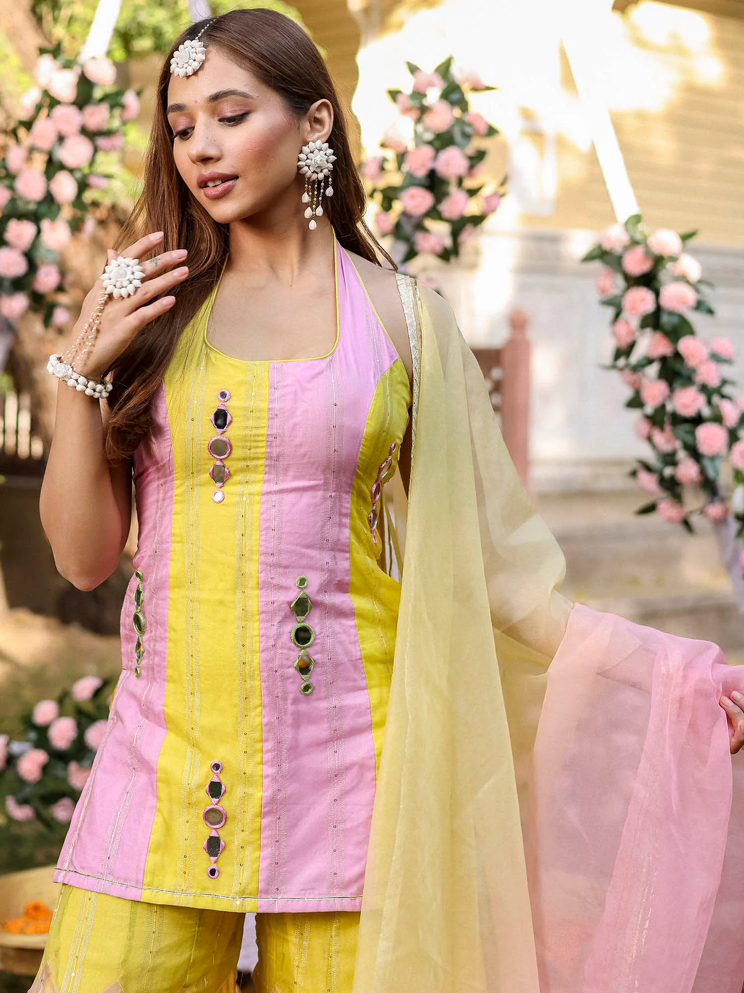 Yellow Pink Kurta Sharara Set - Image 4