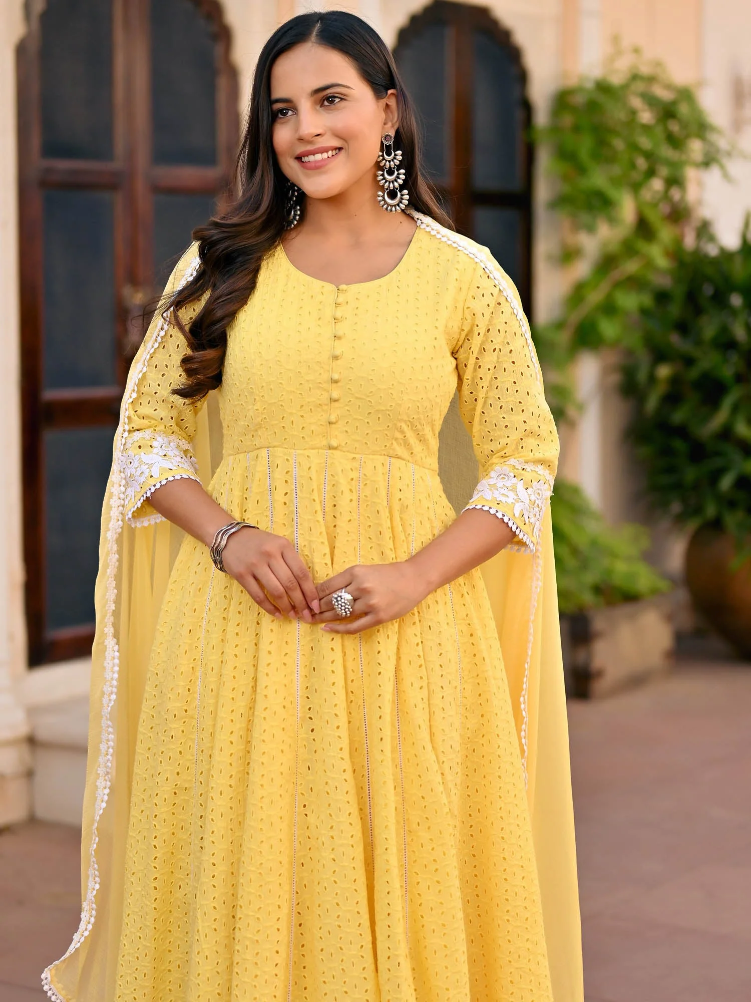 Yellow Schiffli Anarkali Set - Image 2