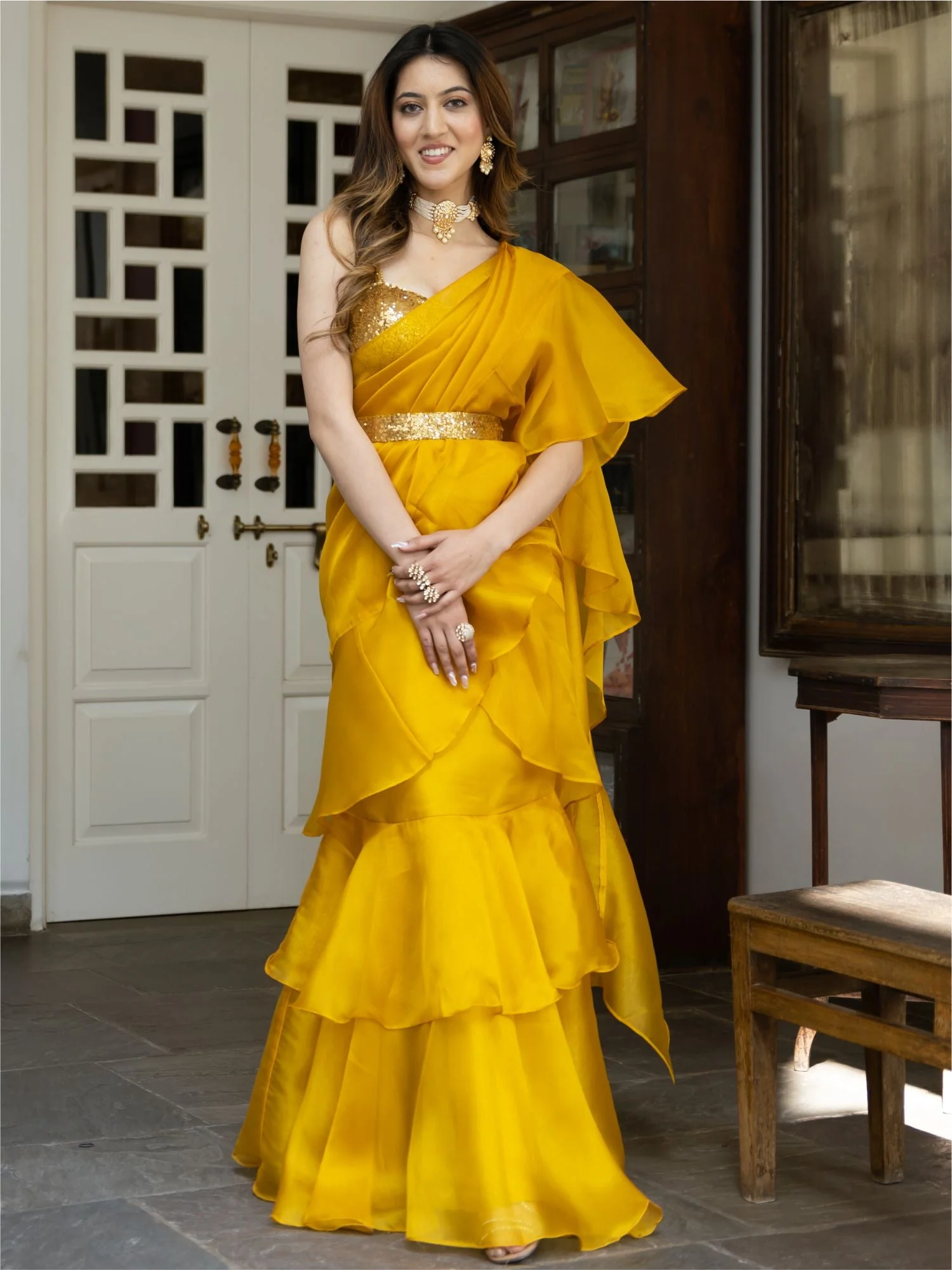 Yellow Sequin Organza Ruffled Saree - Image 7