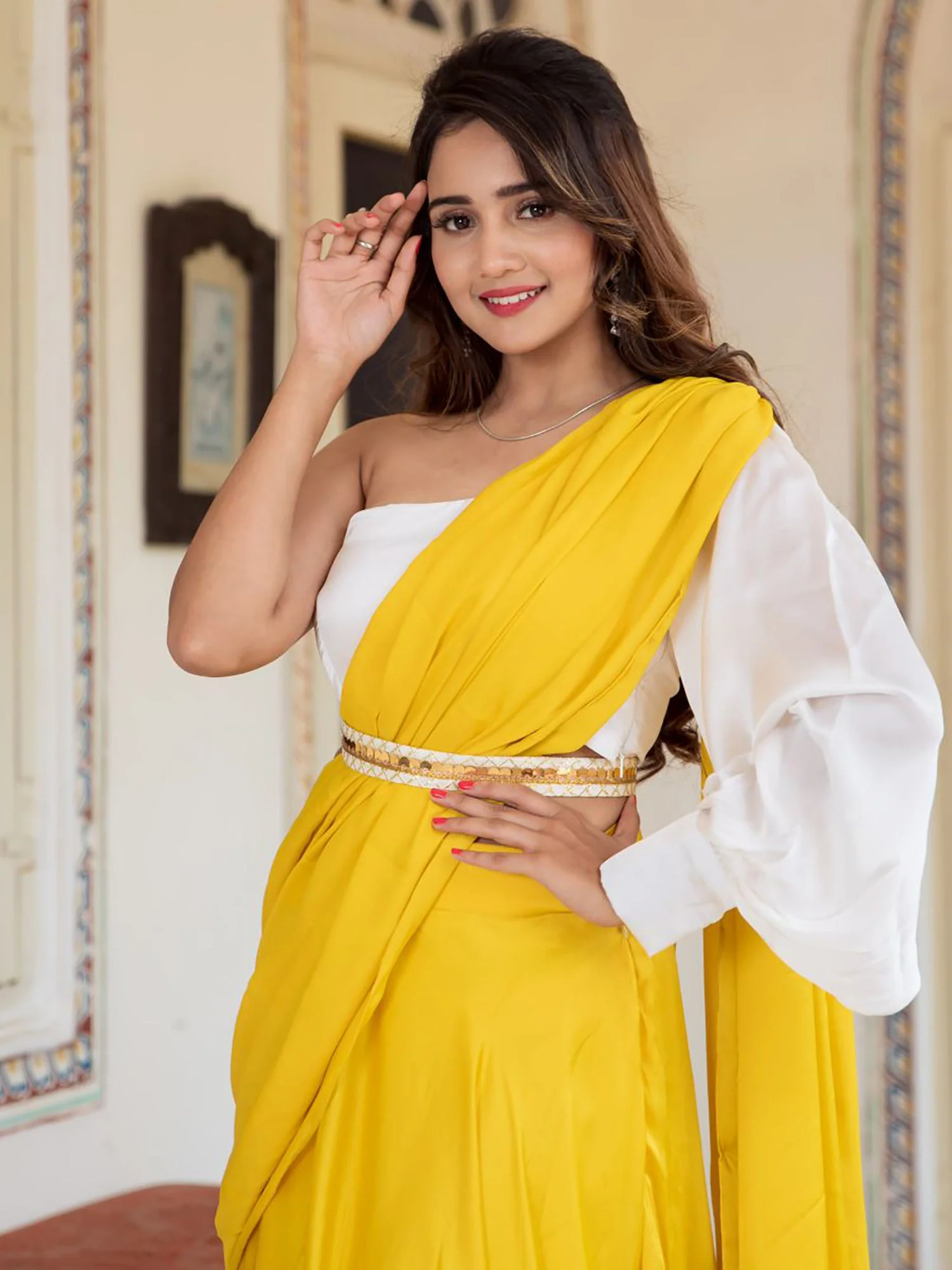 Yellow Silk Lehenga Saree - Image 4